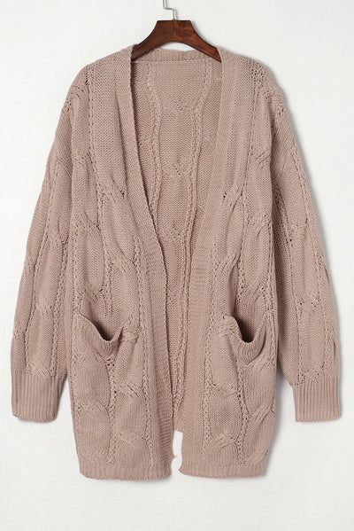 Apricot Ribbed Trim Eyelet Cable Knit Cardigan-Tops-MomFashion