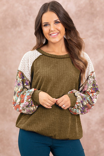 Brown Floral Patchwork Puff Sleeve Textured Blouse-Tops-MomFashion