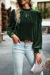 Blackish Green Mock Neck Puff Sleeve Velvet Blouse-Tops-MomFashion