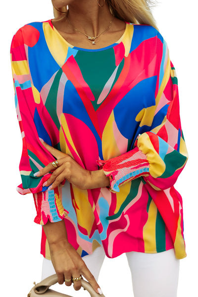 Multicolor Abstract Print Smocked Puff Sleeve Blouse-Tops-MomFashion