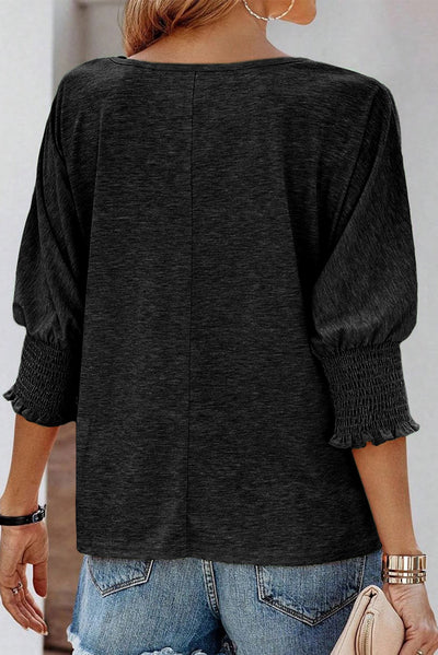 Black Smocked 3/4 Sleeve Casual Loose Top-Tops-MomFashion