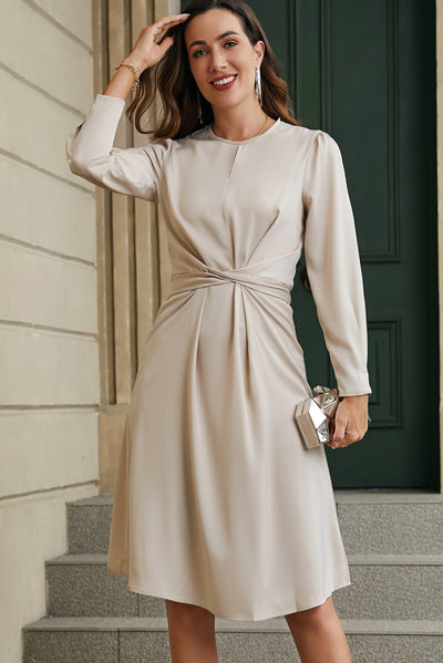 Apricot Twist Front Tie Back Long Sleeve Satin Dress-Dresses-MomFashion