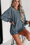 Blue Solid Ribbed Knit Round Neck Pullover Sweatshirt-Tops-MomFashion