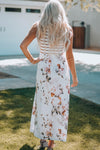 White Striped Floral Print Sleeveless Maxi Dress with Pocket-Dresses-MomFashion