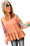 Orange Boho Paisley Mix Print Raglan Sleeve Ruffled Blouse-Tops-MomFashion