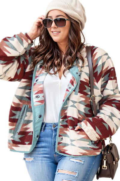 Fiery Red Geometric Aztec Pattern Plus Size Fleece Jacket-Plus Size-MomFashion