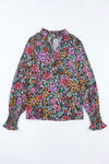 Multicolor Floral Print Ruffled Long Sleeve V-Neck Blouse-Tops-MomFashion