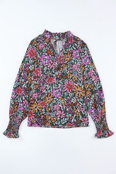 Multicolor Floral Print Ruffled Long Sleeve V-Neck Blouse-Tops-MomFashion