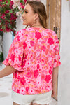 Rose Floral Print Ruffled Half Sleeve Plus Size Babydoll Blouse-Plus Size-MomFashion