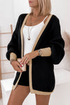 Black Contrast Trim Open Front Lantern Sleeves Cardigan-Tops-MomFashion