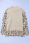 Khaki Leopard High Neck Side Slit Oversized Sweater-Tops-MomFashion