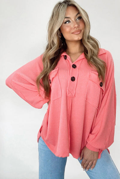 Pink Corded Flap Pocket Henley Top-Tops-MomFashion