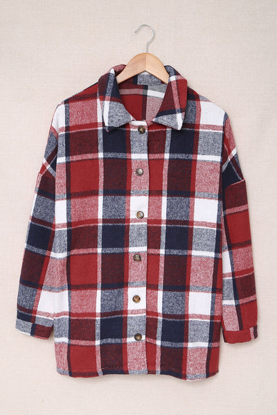 Red Plaid Print Buttoned Shirt Jacket-Outerwear-MomFashion