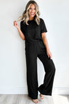 Black Solid Color T Shirt 2pcs Wide Leg Pants Set-Two Piece Sets/Pant Sets-MomFashion