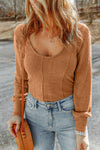 Brown U Neck Textured Long Sleeve Top-Tops-MomFashion