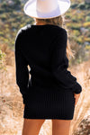 Black Cable Ribbed Knit V Neck Bodycon Sweater Dress-Dresses-MomFashion