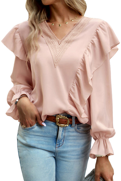 Pink Crochet V Neck Flounce Sleeve Ruffled Blouse-Tops-MomFashion