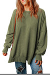 Green Drop Shoulder Ribbed Trim Oversized Sweatshirt-Tops-MomFashion