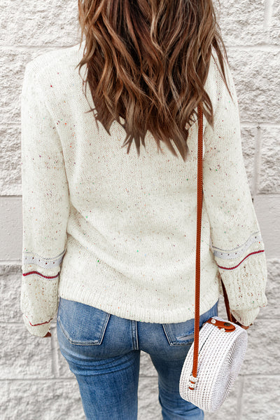 White Pilling Detail Patterned Sleeve Sweater-Tops-MomFashion