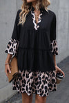 Black Leopard Trim V Neck Ruffled Sleeve Flared Dress-Dresses-MomFashion