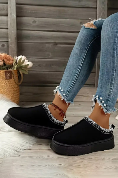 Black Suede Contrast Print Round Toe Plush Lined Flats-Shoes & Bags-MomFashion