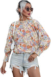 Multicolor Shirred Cuffs Bubble Sleeve Floral Blouse-Tops-MomFashion