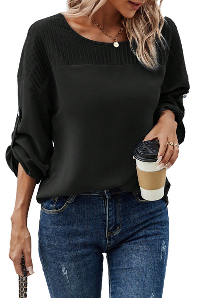 Black Roll Up Sleeve Stitching Detail Blouse-Tops-MomFashion