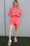 Orange Striped Print Collared Neck Shirt and Shorts Set-Loungewear-MomFashion