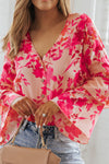 Pink Floral Print Tiered Bell Long Sleeve Buttoned Bodysuit-Tops-MomFashion