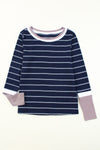 Blue Extend Color Block Cuffs Rib Knit Striped Pullover-Tops-MomFashion