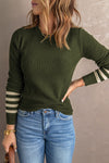 Green Striped Sleeve Plain Knit Sweater-Tops-MomFashion