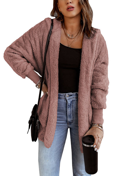 Pink Soft Fleece Hooded Open Front Coat-Outerwear-MomFashion