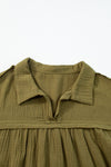 Green Frayed Trim Split Neck Puff Sleeve Flared Dress-Dresses-MomFashion