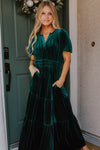 Evergreen Velvet Short Sleeve Shirred Waist Tiered Maxi Dress-Dresses/Maxi Dresses-MomFashion