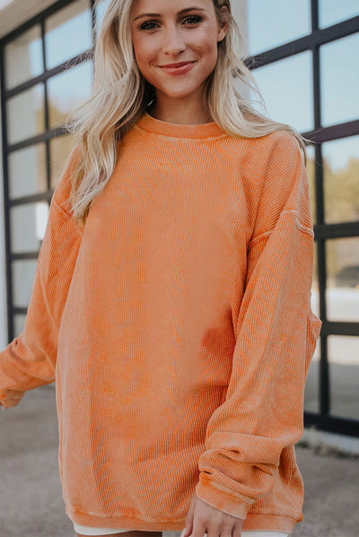 Orange Ribbed Corded Oversized Sweatshirt-Tops-MomFashion