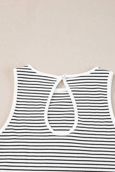 White Striped Print Ribbed Knit Sleeveless Top-Tops-MomFashion