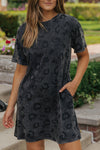 Gray Vintage Washed Leopard T-Shirt Dress with Pockets-Dresses-MomFashion