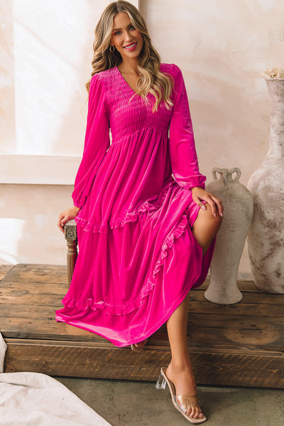 Rose Red Shirred V Neck Long Sleeve Velvet Dress-Dresses-MomFashion