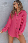 Pink Waffle Knit Button Up Casual Shirt-Tops-MomFashion