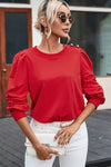 Fiery Red Button Tab Detail Long Sleeve Top-Tops-MomFashion