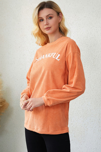 Orange THANKFUL Letter Graphic Corded Sweatshirt-Graphic-MomFashion