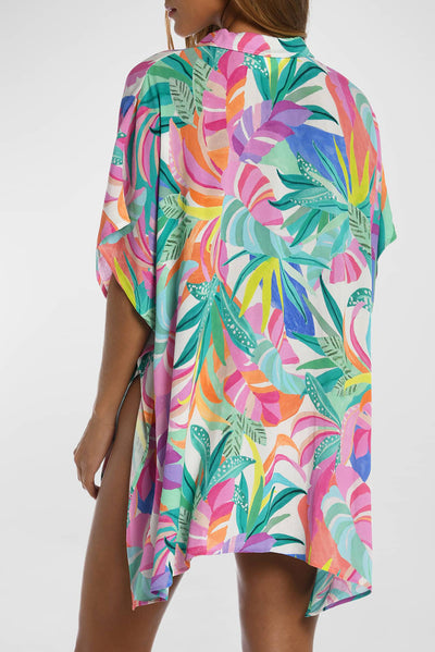 Multicolor Plant Print Button-up Half Sleeve Beach Cover Up-Swimwear-MomFashion