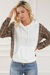 White Waffle Patch Plaid Sleeve Kangaroo Pocket Hoodie-Tops-MomFashion