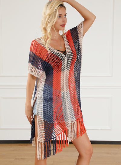 Multicolor Striped Tassel Crochet V Neck Beach Cover Up-Swimwear-MomFashion