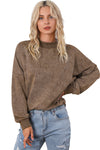 Brown Drop Shoulder Crew Neck Pullover Sweatshirt-Tops-MomFashion