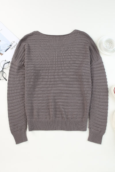 Gray Textured Knit Round Neck Dolman Sleeve Sweater-Tops-MomFashion