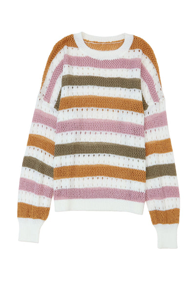 Multicolor Striped Hollowed Knitted Loose Sweater-Tops-MomFashion