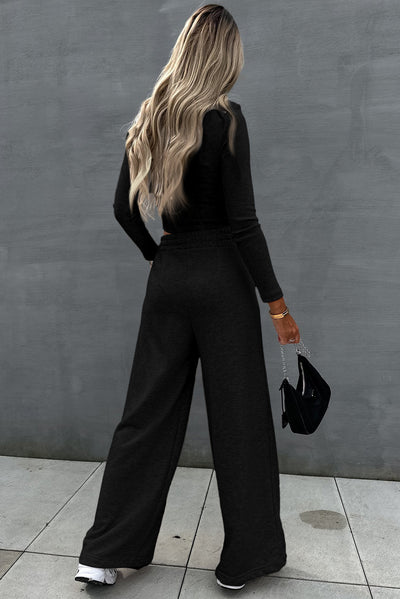 Black Crop Top and Wide Leg Pants Two Piece Set-Loungewear-MomFashion