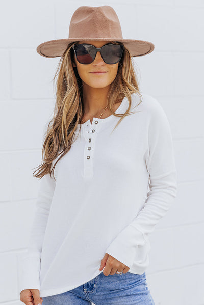 White Waffle Knit Henley Top-Tops-MomFashion