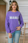 Purple MAMA Ribbed Crew Neck Pullover Sweatshirt-Tops-MomFashion